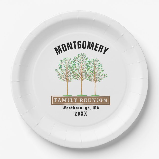 Family Reunion Watercolor Tree Monogram White Paper Plate (Front)