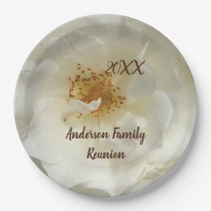 Family Reunion White Rose Photo Floral Gathering Paper Plate