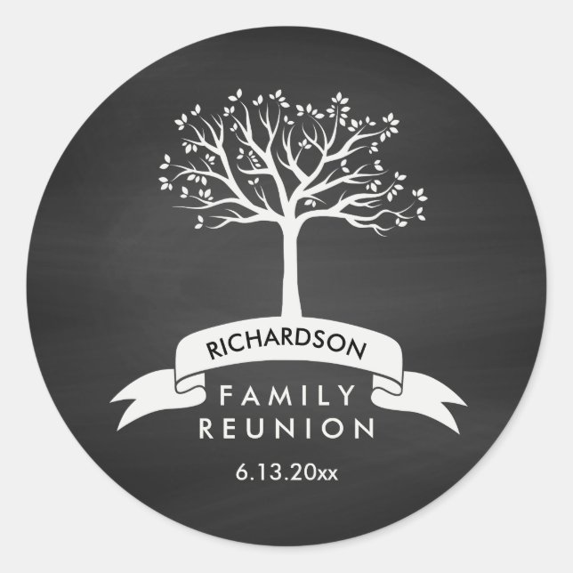 Family Reunion with Chalkboard, Banner and Tree Classic Round Sticker (Front)