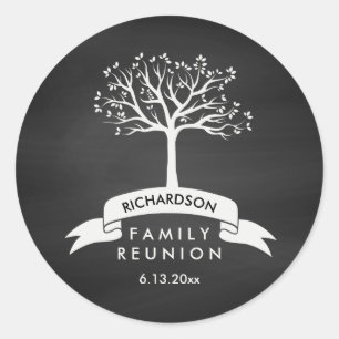 Family Reunion with Chalkboard, Banner and Tree Classic Round Sticker