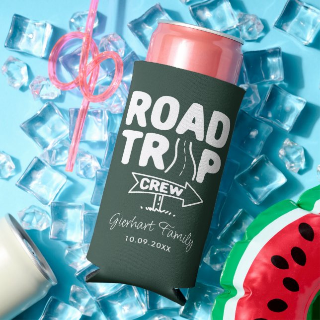 Family Road Trip Typography Annual Camping Custom Seltzer Can Cooler (In Situ Summer)