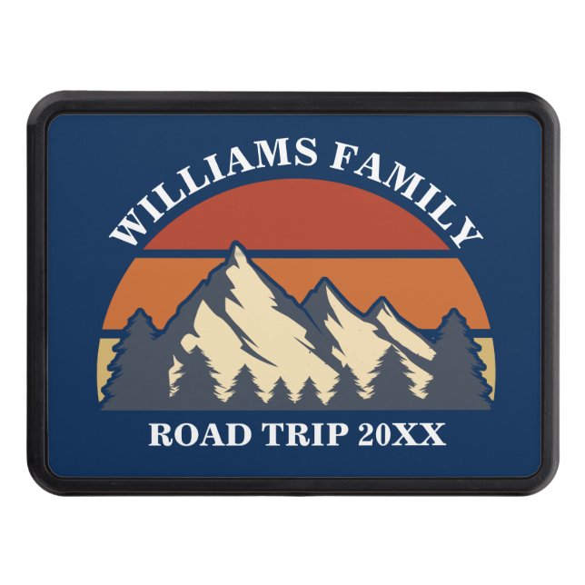 Family Road Trip Vacation Mountains Custom Blue Trailer Hitch Cover (Front)