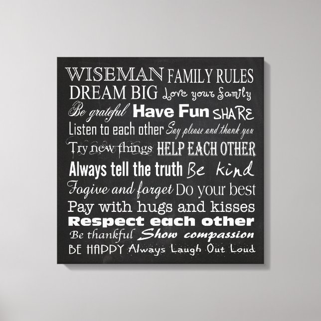 Family Rules Last Name 20x20 Wrapped Canvas (Front)