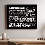 Family Rules Personalized Name Positive Black Faux Canvas Print<br><div class="desc">Create a warm and welcoming atmosphere in your home with this personalized black canvas print. Featuring a modern design with heartwarming family rules and space to add your family name in white text, this wall art is a beautiful way to celebrate your unique bond. A perfect addition to your living...</div>