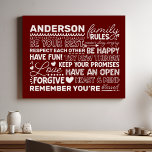 Family Rules Personalized Name Positive Maroon Faux Canvas Print<br><div class="desc">Create a warm and welcoming atmosphere in your home with this personalized maroon canvas print. Featuring a modern design with heartwarming family rules and space to add your family name in white text, this wall art is a beautiful way to celebrate your unique bond. A perfect addition to your living...</div>