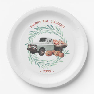 Family Rustic Wreath Halloween Pumpkin Truck Paper Plate
