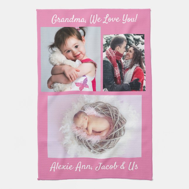 Family says, "I Love You" Grandma Personalize Pink Kitchen Towel (Vertical)