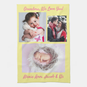 Family says, "We Love You" Grandma DIY 3 Pics Yel. Kitchen Towel