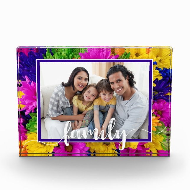 FAMILY Script Colourful Flowers Photo Block (Front)