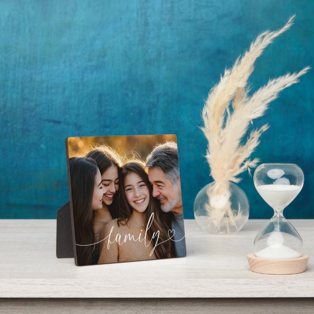 Family Script Heart Photo Tabletop Plaque (Insitu)