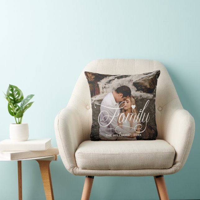 Family Script Heart  Text Overlay 2 Photos Throw Pillow (Chair)