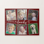 Family Script Hearts Dark Red Photo Collage Jigsaw Puzzle<br><div class="desc">This photo puzzle is a fun gift for any family. It offers 6 photo frames for pictures of children and family members and is accented with the text "family" appearing modern heart calligraphy. The background is dark red.</div>