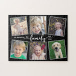 Family Script Hearts Photo Collage Jigsaw Puzzle<br><div class="desc">This photo puzzle is a unique keepsake gift for any family. It offers 6 photo frames for pictures of children and family members and is accented with the text "family" appearing modern heart calligraphy.</div>