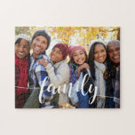 Family Script Overlay Photo Jigsaw Puzzle<br><div class="desc">Customize this photo puzzle with a favourite horizontal or landscape oriented family photo,  with "family" splashed across as a text overlay in white calligraphy script lettering.</div>