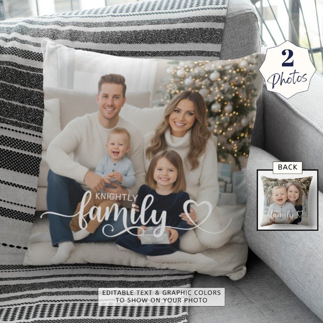 Family Script Photo Heart Name Custom Colour Throw Pillow (Creator Uploaded)