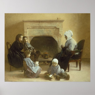 Family seated around a hearth poster