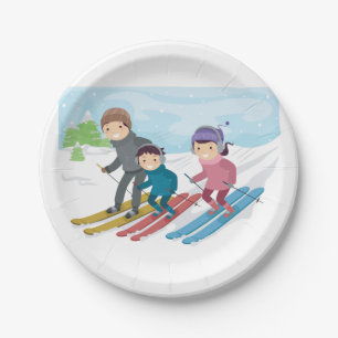 Family Skiing Winter Snow Scene Paper Plate