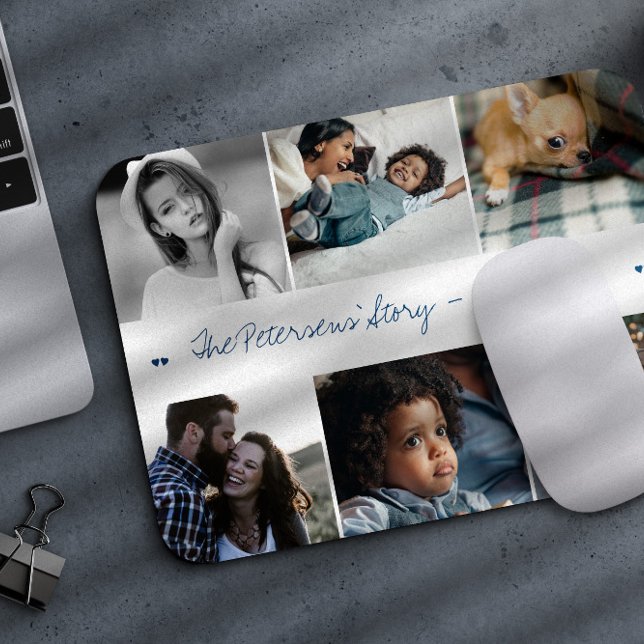 Family story 6 photo collage modern custom text mouse pad (Creator Uploaded)