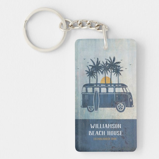 Family Summer Beach House Surf Van Monogrammed  Keychain (Front)