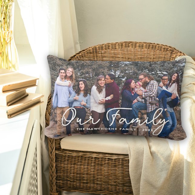 Family Text Overlay Photo Script Typography Lumbar Pillow (Creator Uploaded)