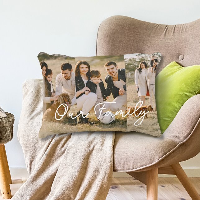 Family Text Overlay Script Photo Collage Accent Pillow (Creator Uploaded)