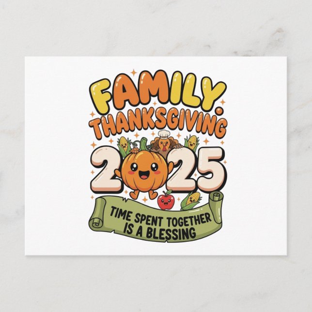 Family Thanksgiving 2025 Postcard – Cute Cartoon (Front)
