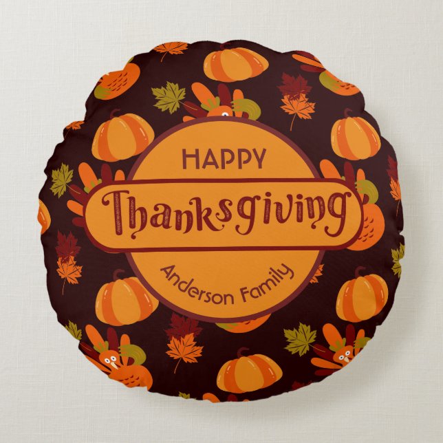 Family Thanksgiving Autumn Leaves Turkey Pumpkin Round Pillow (Front)