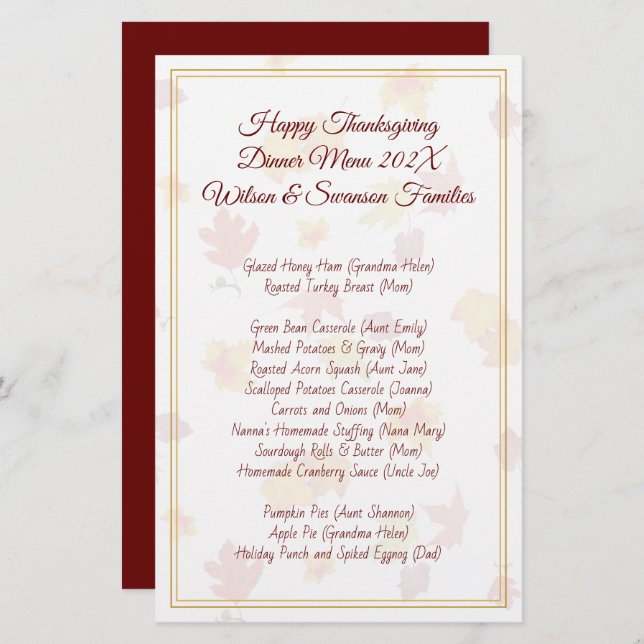 Family Thanksgiving Dinner Menu Chefs Name (Front/Back)