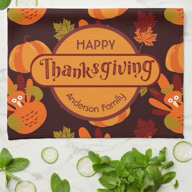 Family Thanksgiving Turkey Pumpkin Autumn Leaves Kitchen Towel (Folded)