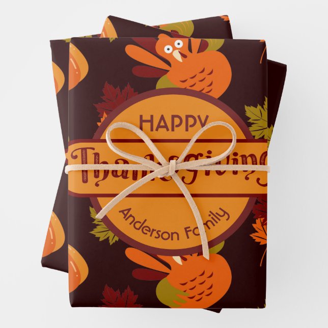 Family Thanksgiving Turkey Pumpkin Autumn Leaves Wrapping Paper Sheet (In situ)
