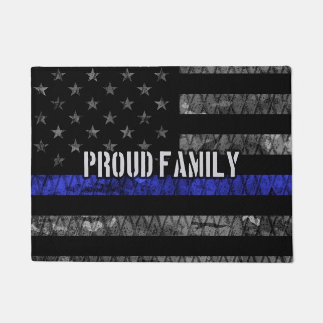Family Thin Blue Line Distressed Flag Doormat (Front)