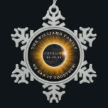 Family Totality Solar Eclipse Add Name Snowflake Pewter Christmas Ornament<br><div class="desc">A total solar eclipse occurred on April 8,  2024,  passing over Mexico,  the United States,  and Canada.  This ornament has a family name for you to personalize and the text "Totality 04.08.24" "We Saw it together!" An orange and black graphic in the centre represents the eclipse.</div>