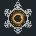 Family Totality Solar Eclipse Add Name Snowflake Pewter Christmas Ornament<br><div class="desc">A total solar eclipse occurred on April 8,  2024,  passing over Mexico,  the United States,  and Canada.  This ornament has a family name for you to personalize and the text "Totality 04.08.24" "We Saw it together!" An orange and black graphic in the centre represents the eclipse.</div>