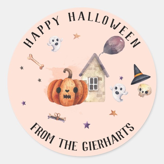 Family Treats Custom Happy Halloween Party Classic Round Sticker (Front)