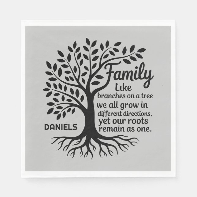 Family Tree Black & Gray Personalized Family Name Napkin (Front)