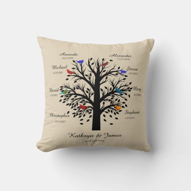 Family Tree, Black Tree on Ecru, 8 Names & Dates Throw Pillow (Front)