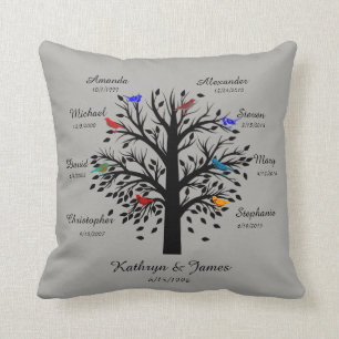 Family Tree, Black Tree on Grey, 8 Names & Dates Throw Pillow