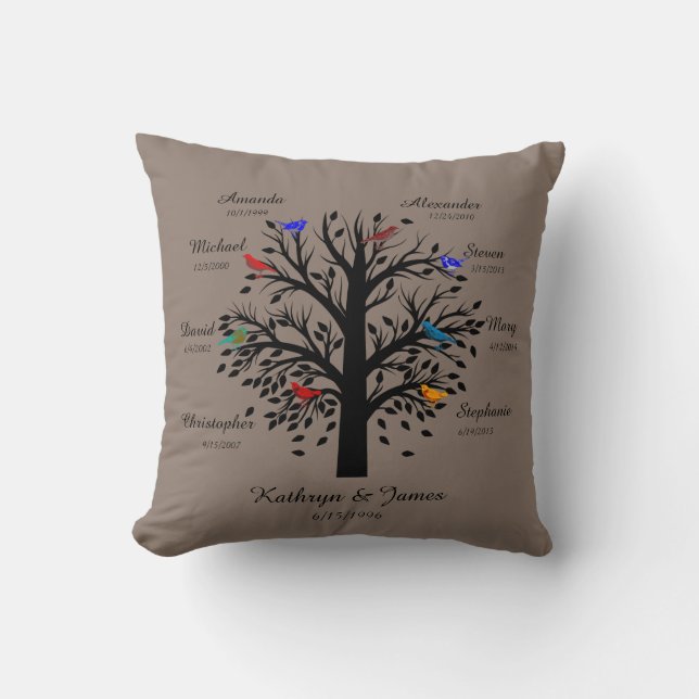 Family Tree, Black Tree on Taupe, 8 Names & Dates Throw Pillow (Front)