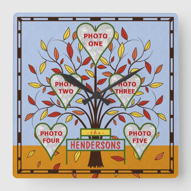 Family Tree Custom 5 Photo Collage Autumn Leaves Square Wall Clock (Front)