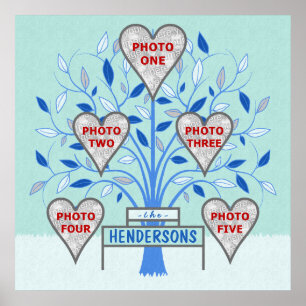 Family Tree Custom 5 Photo Collage Winter Frost Poster