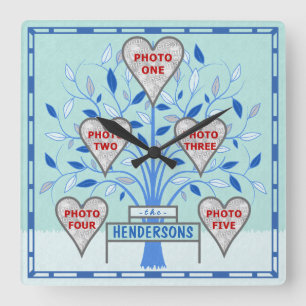 Family Tree Custom 5 Photo Collage Winter Frost Square Wall Clock