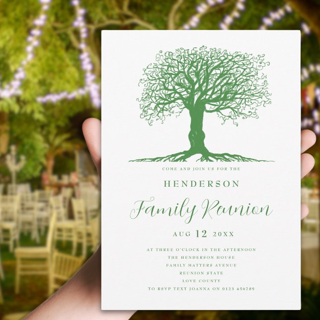 Family Tree Family Reunion  Invitation (watercolor green tree with roots modern script family reunion party invitation)
