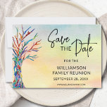 Family Tree Family Reunion Save The Date<br><div class="desc">Ask your family to save the date for your Family Reunion with this stylish and colourful announcement card.
It features a family tree in rainbow colours on a watercolor background.
Easily customizable.
Original Mosaic & Watercolor © Michele Davies.</div>