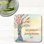 Family Tree Family Reunion Square Paper Coaster<br><div class="desc">These paper coasters are decorated with a mosaic family tree in the colours of the rainbow on a watercolor background. Easily customizable. Use the Design Tool to change the text size, style, or colour. Because we create our artwork you won't find this exact image from other designers. Original Mosaic and...</div>