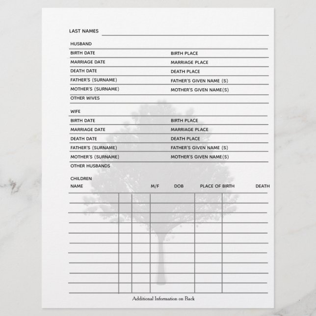 Family Tree Genealogy Group Sheet (Front)
