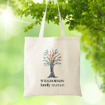 Family Tree Personalized Family Reunion Tote Bag<br><div class="desc">Commemorate your family reunion with this stylish tote bag. It is decorated with a colourful mosaic family tree and is easily customizable with your family name. Use the Customize Further option to change the text size, style, or colour. Because we create our artwork you won't find this exact image from...</div>