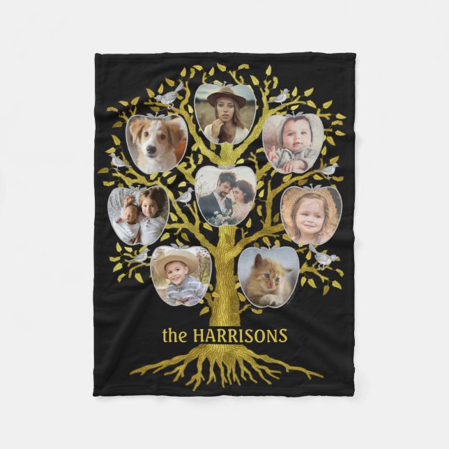 Family Tree Photo Collage 8 Pics Name | Gold Black Fleece Blanket (Front)