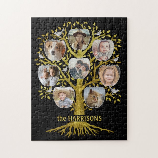 Family Tree Photo Collage 8 Pics Name Gold Black Jigsaw Puzzle (Vertical)