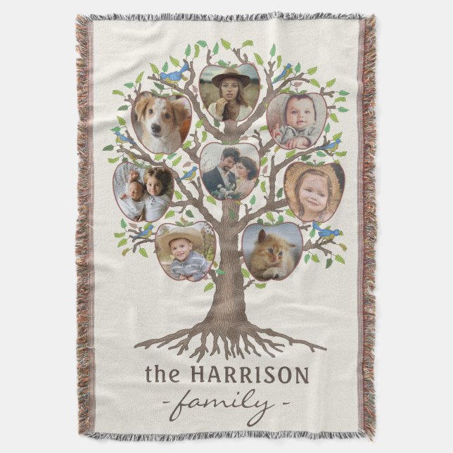 Family Tree Photo Collage 8 Pictures Name Lt Beige Throw Blanket (Front Vertical)