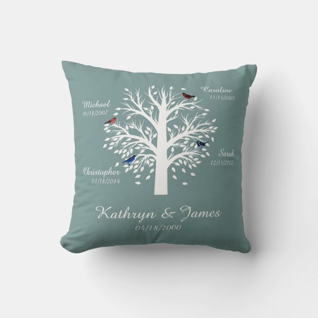Family Tree, White Tree on Blue w/ Names & Dates Throw Pillow (Front)
